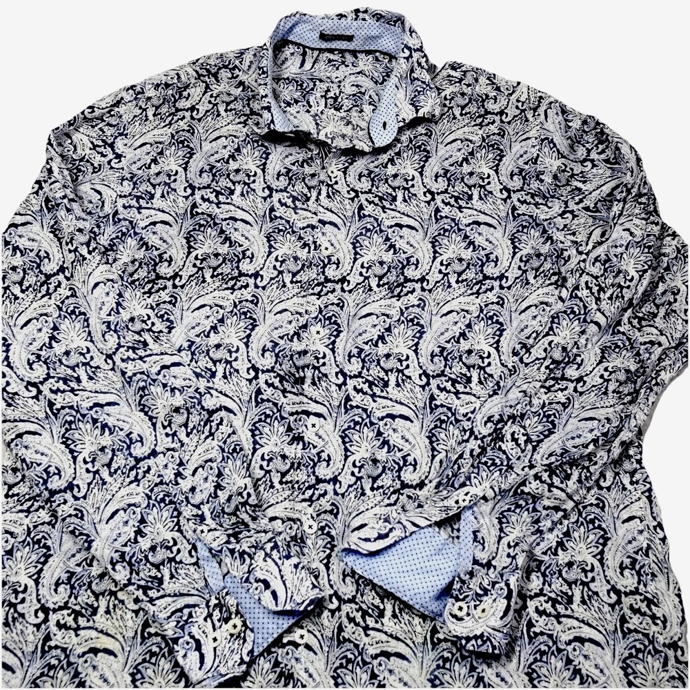 Bugatchi Shirt Mens Large 100% Linen Button Up Classic Paisley Long Sleeve